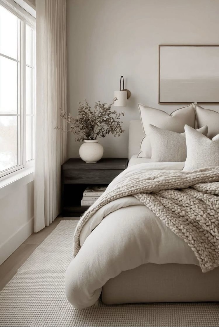 White bedroom with layered pillows, chunky knit blanket and soft window light