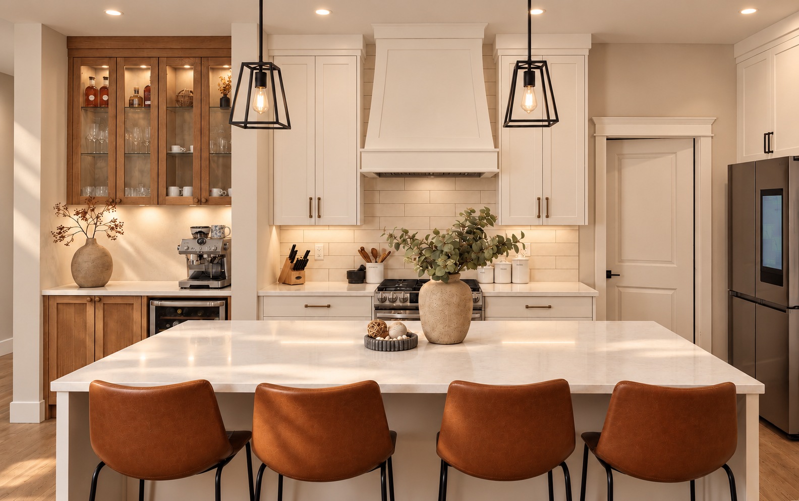 Full kitchen view with quartz island, white custom range hood and oak glass cabinets