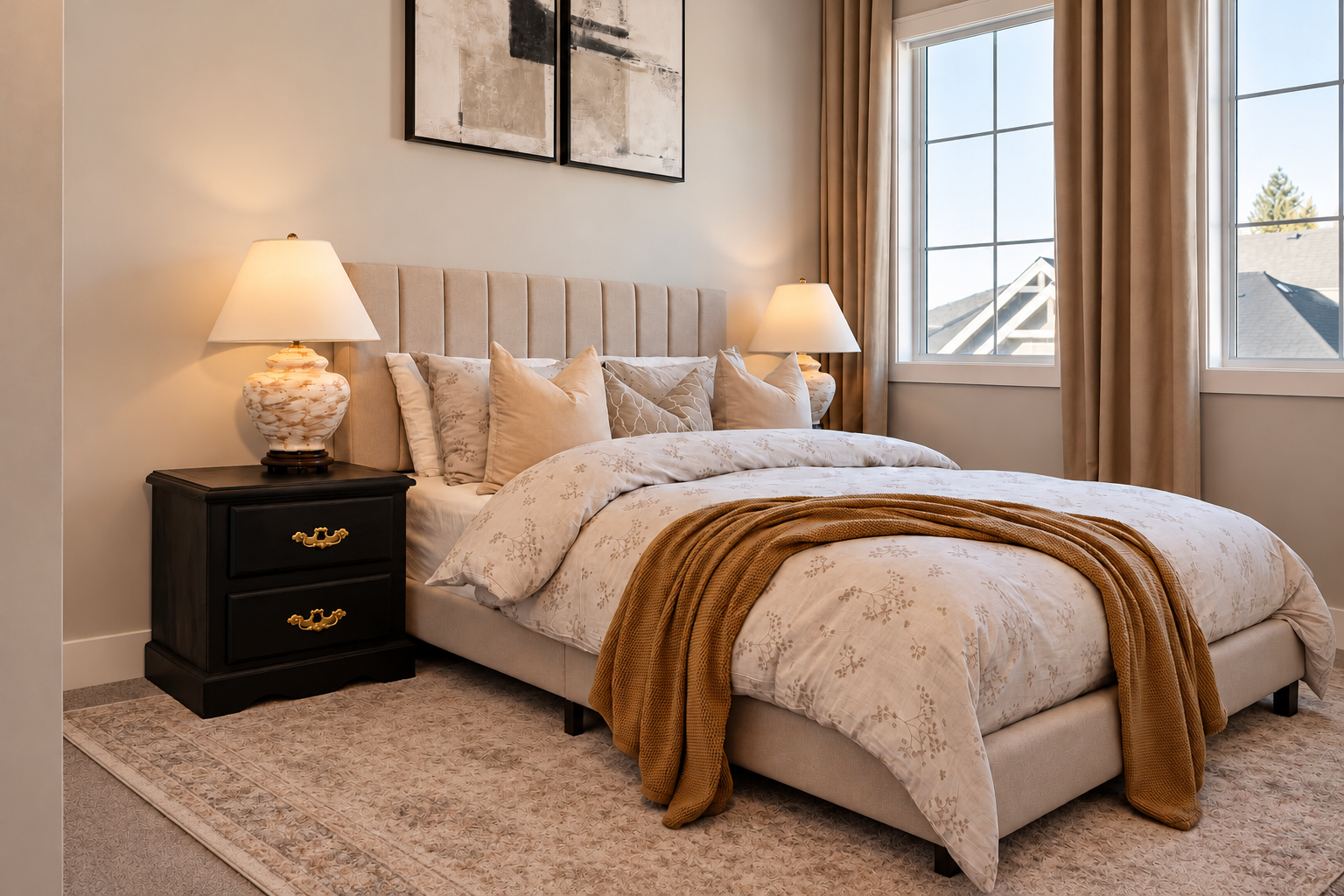 Bedroom with channel headboard, ochre throw and textured rug