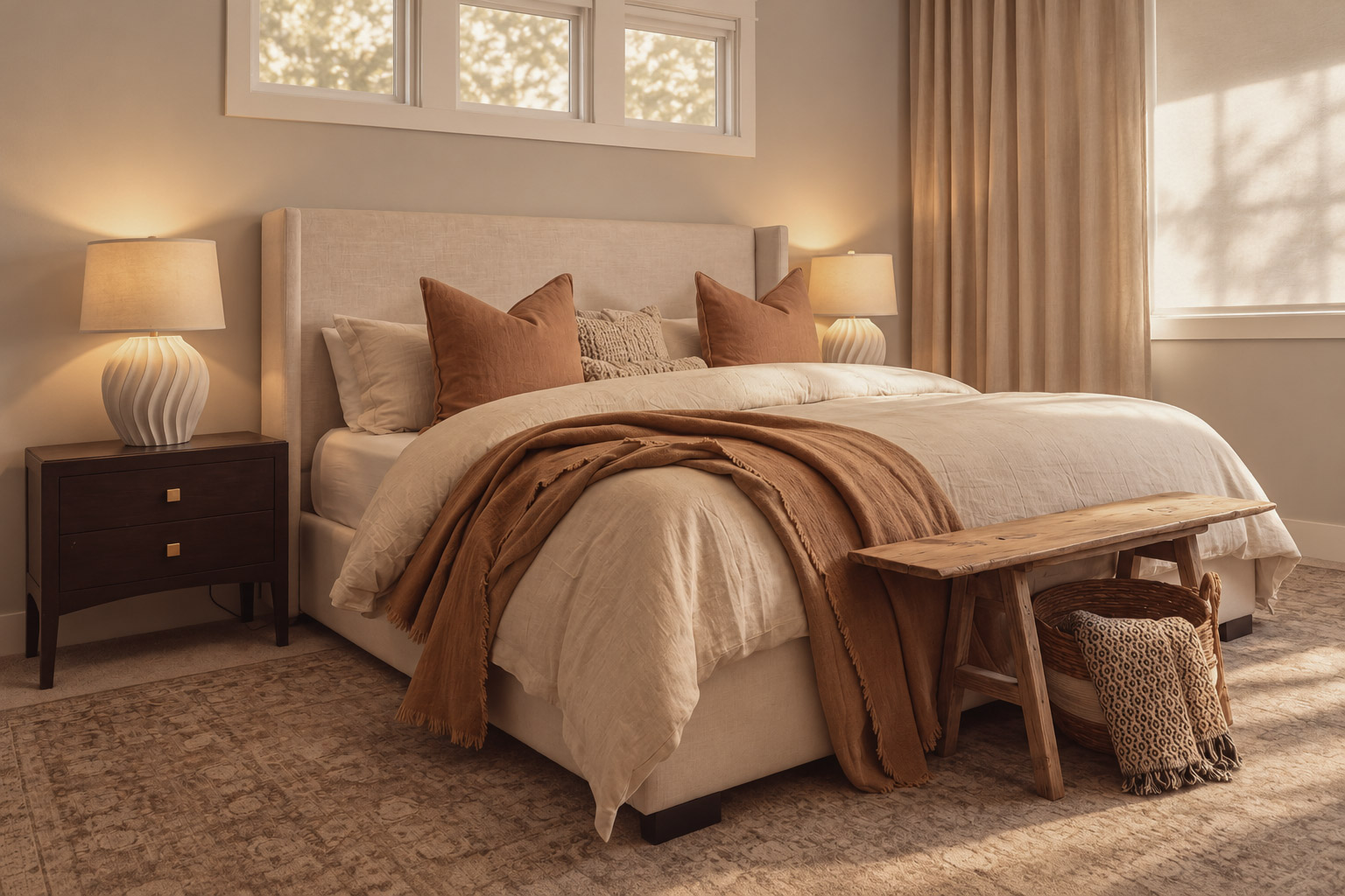 Bedroom with linen bedding, rust throw and wood bench