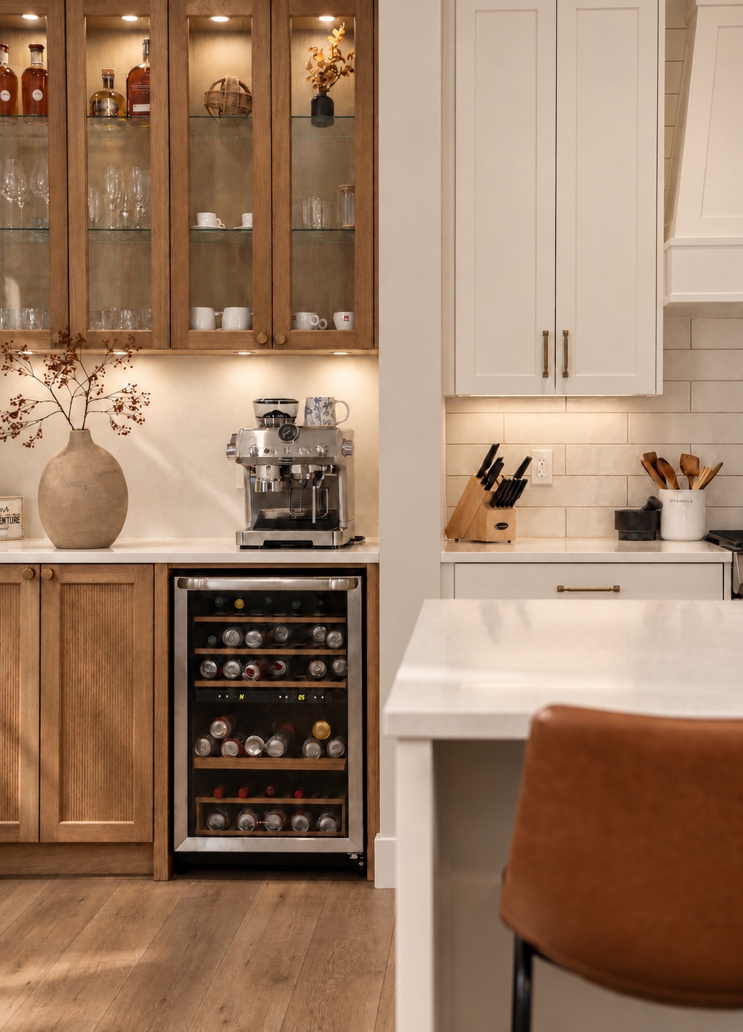 Oak coffee station with glass cabinets, espresso machine and beverage fridge