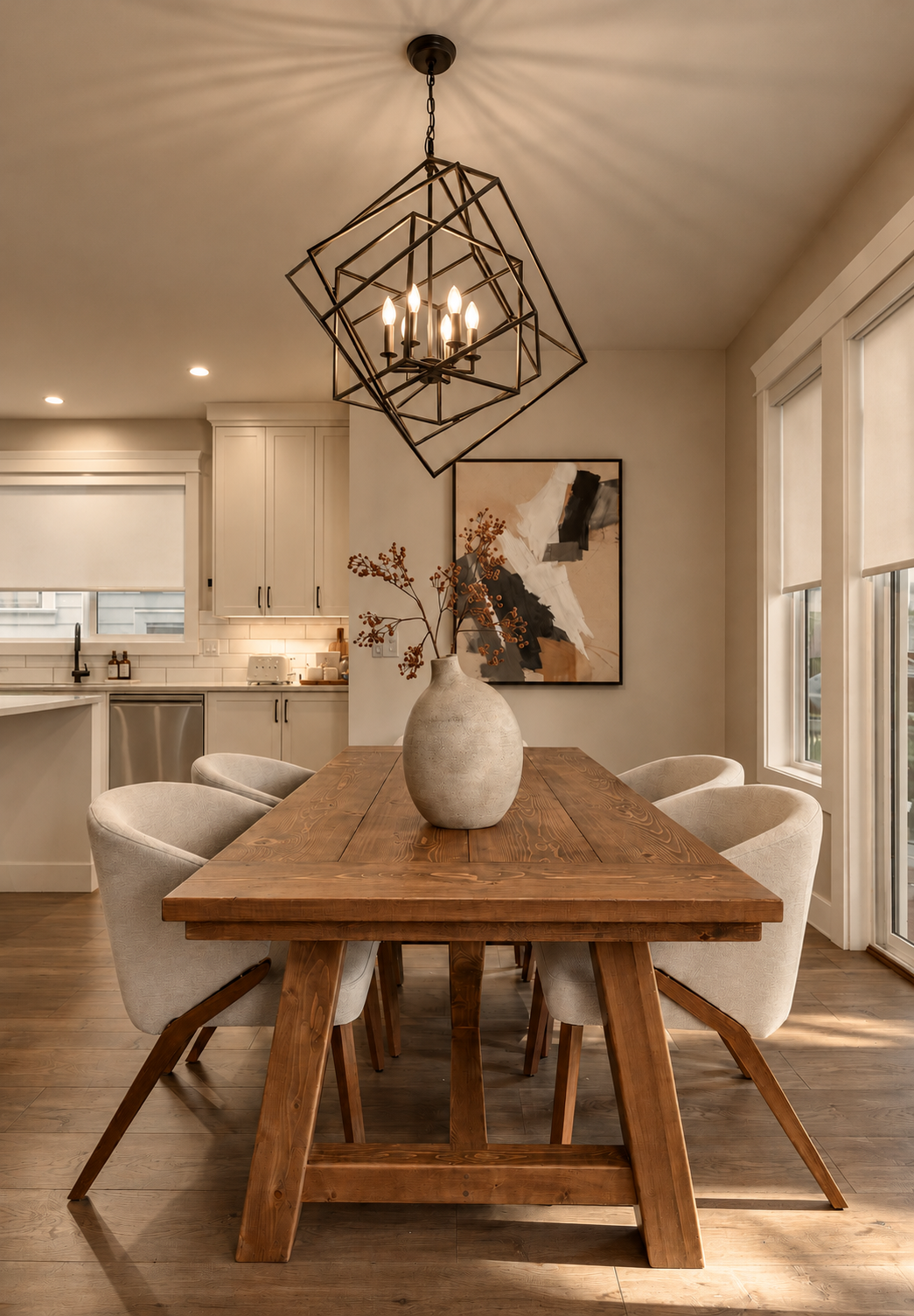 Dining table with stoneware vase and abstract artwork
