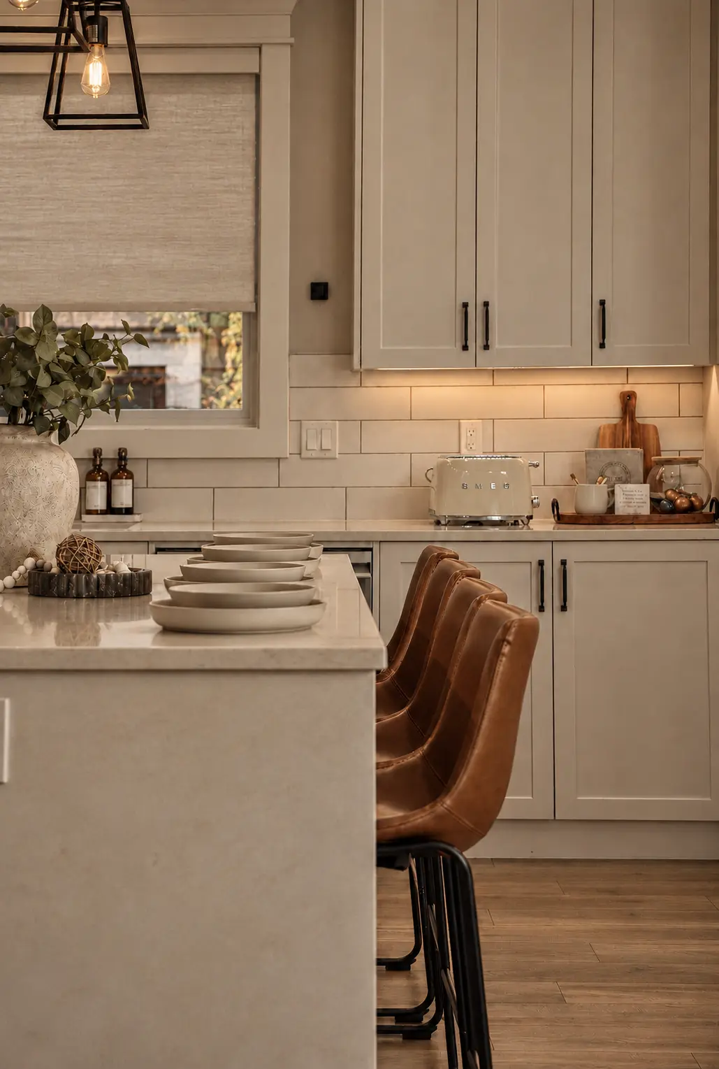 Island detail with stacked stoneware and leather stools